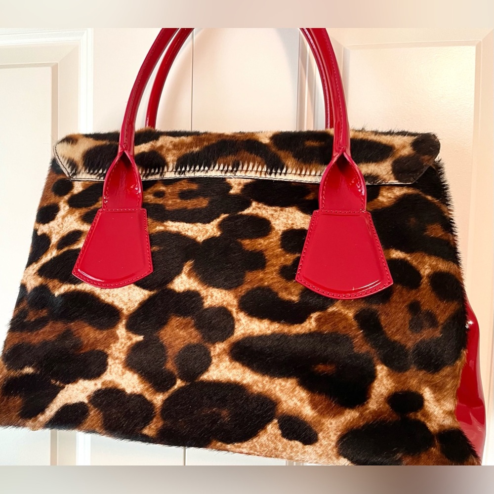 Vintage Leopard Calf Hair & Red Patent Accent Handbag